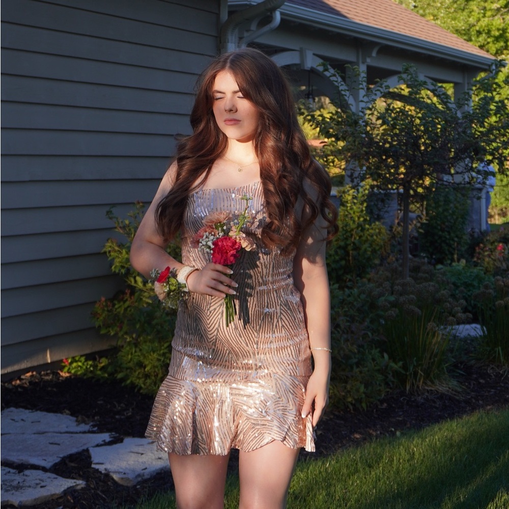 Hello Molly Rosegold Sequin Size S Asymmetrical Sequin Dress PERFECT FOR HOCO